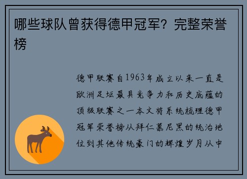 哪些球队曾获得德甲冠军？完整荣誉榜